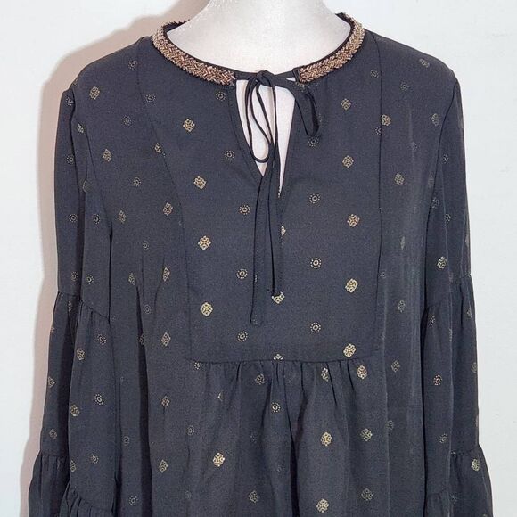 Altar'd State Black and Gold Full Sleeve Boho Blouse Size XS Black Sheer Blouse - Picture 3 of 11